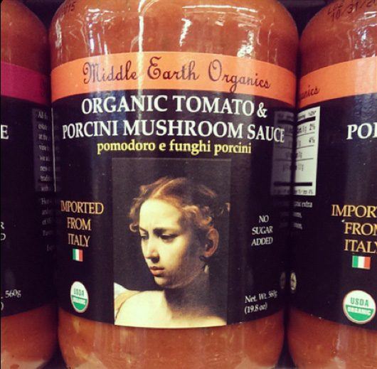 Judith on a jar of pasta sauce
