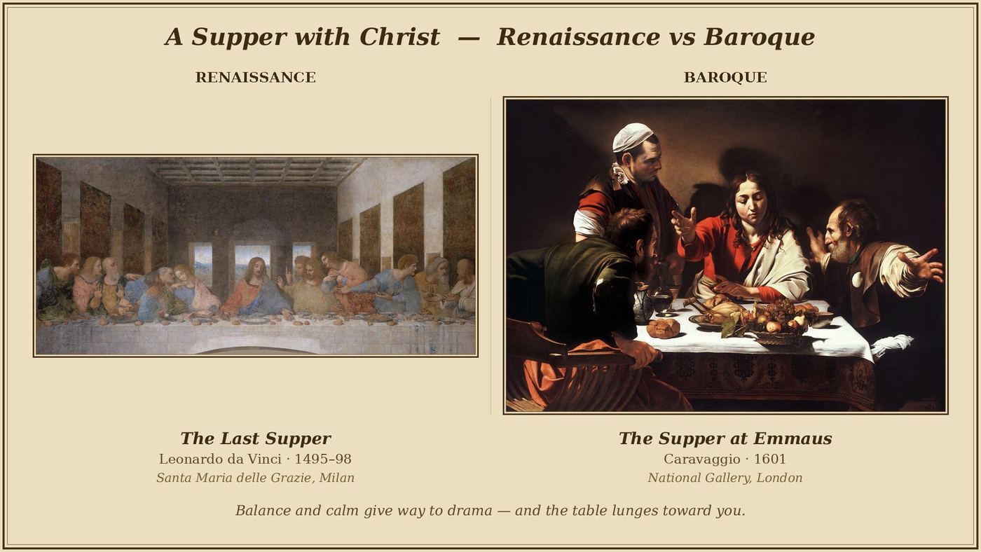 Leonardo da Vinci, The Last Supper, 1495–98, Santa Maria delle Grazie, Milan · Caravaggio, The Supper at Emmaus, 1601, National Gallery, London