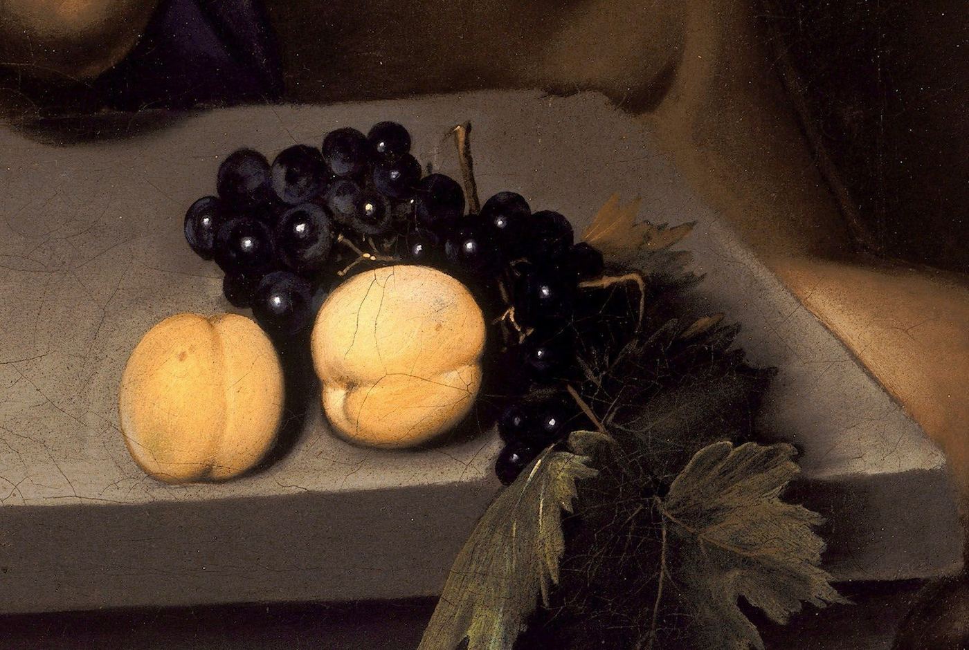 Self-portrait as Bacchus — the still life: grapes, peach, apricot