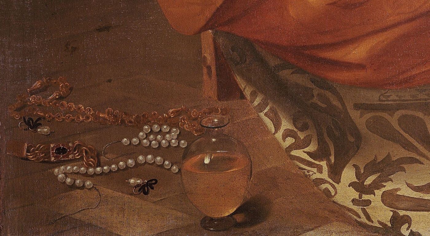 Penitent Magdalene — her worldly goods, set aside: pearls, gold, oil