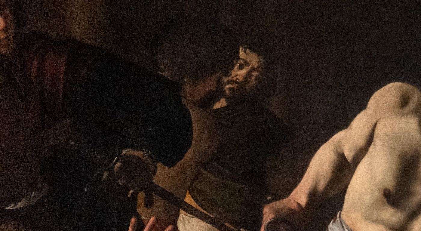 The Martyrdom of Saint Matthew — the killer, and the face peeking over his shoulder