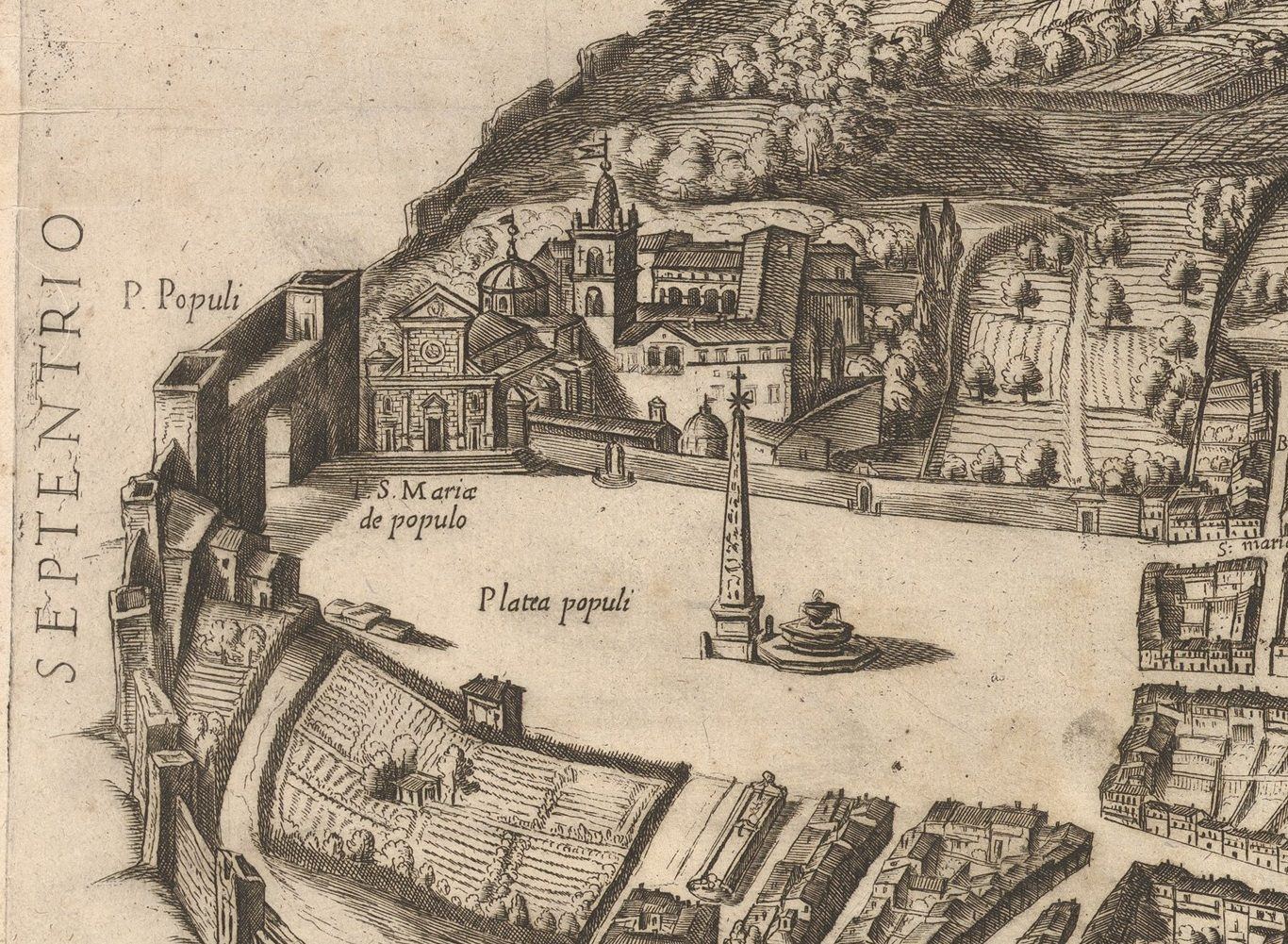 Plan of the City of Rome, detail — P. Populi is the gate; T. S. Mariæ de populo the church just inside it; the obelisk went up in 1589