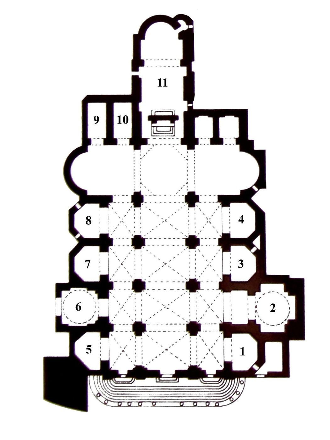 Plan of Santa Maria del Popolo — the Caravaggios are at number 10, the Chigi Chapel at number 6