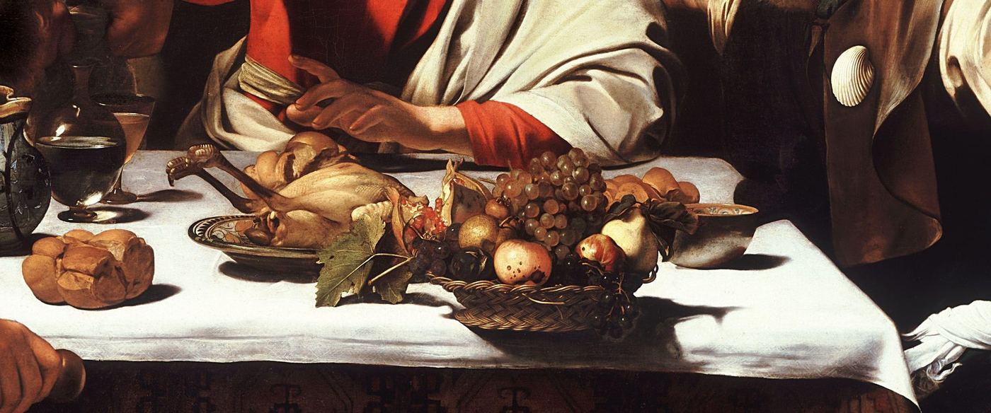 The Supper at Emmaus I — the still life, the basket balanced at the table’s edge