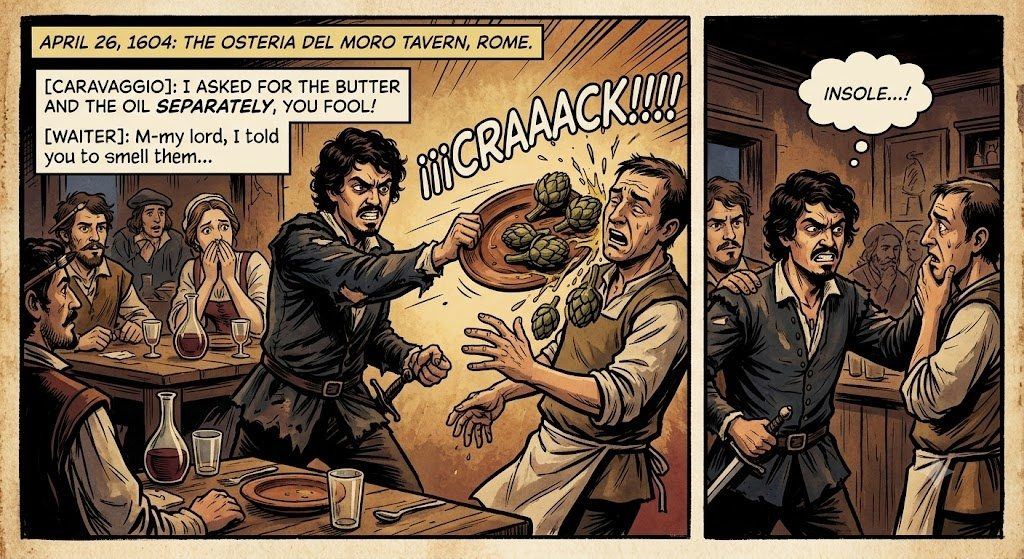 The Artichokes, Osteria del Moro, Rome, April 1604. Illustration generated with AI; the dialogue is invented