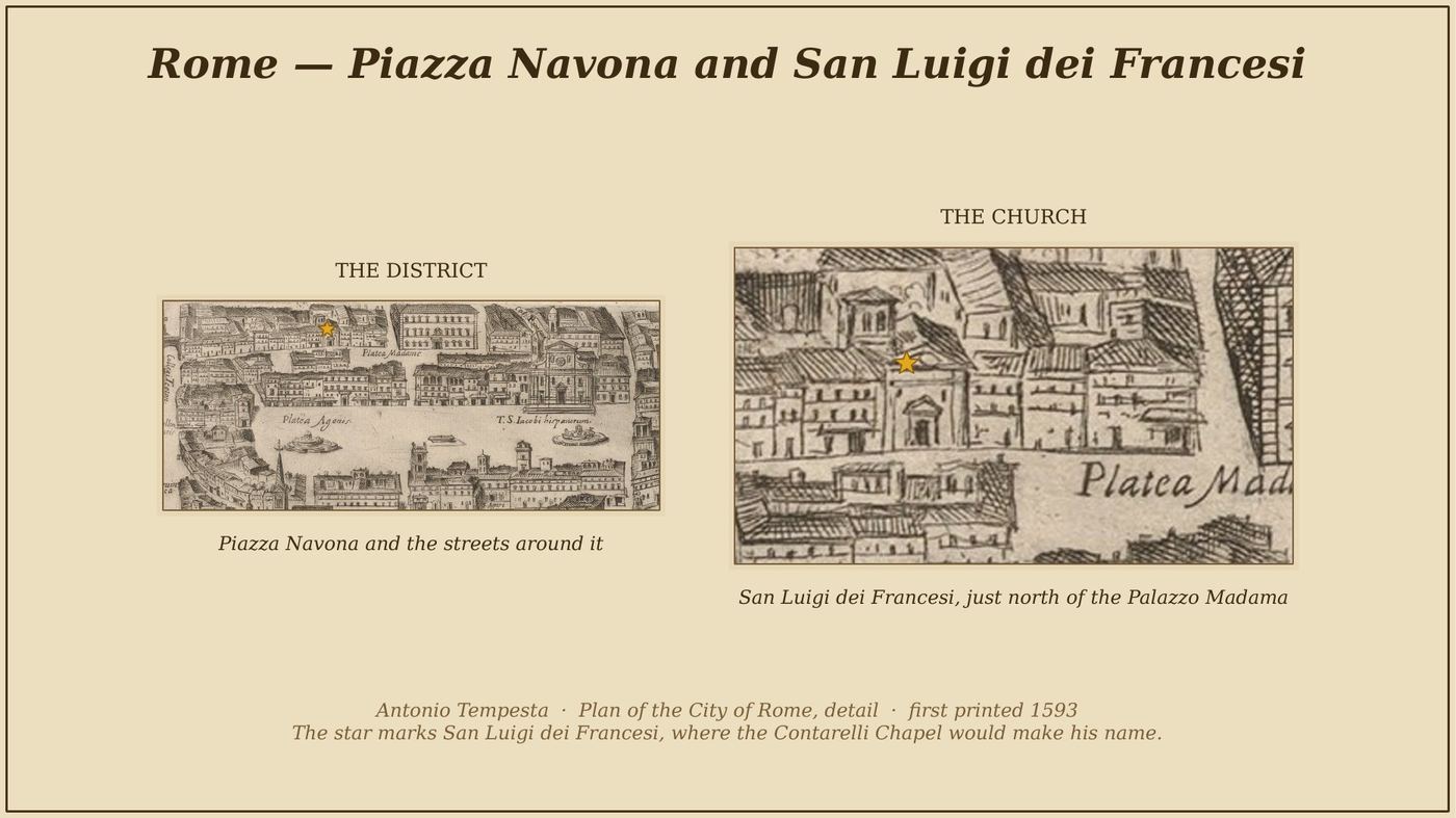 Antonio Tempesta, Plan of the City of Rome, detail, first printed 1593. The star marks San Luigi dei Francesi, just north of the Palazzo Madama.