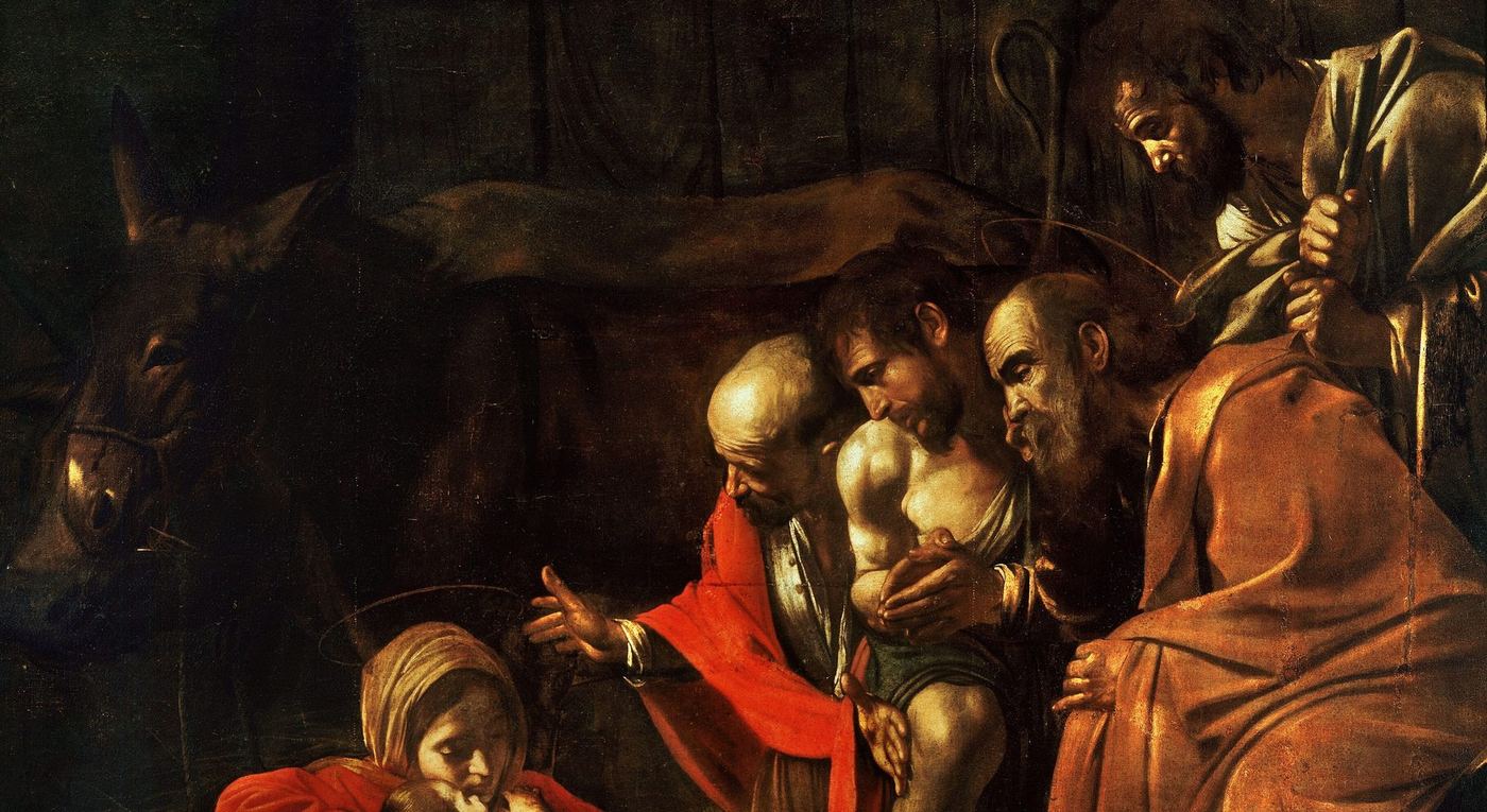 The Adoration of the Shepherds — the shepherds, Joseph, and the donkey