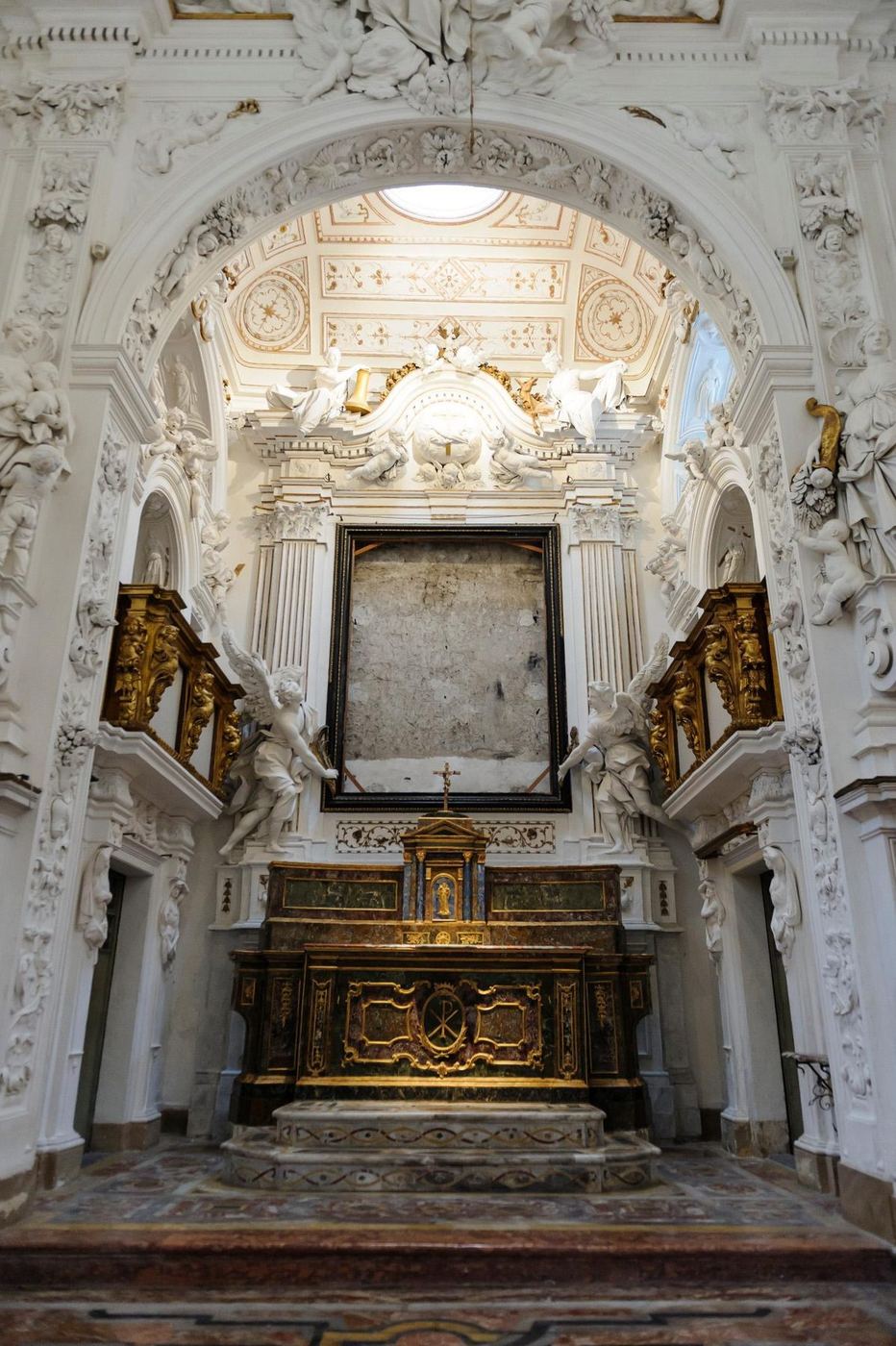 The Oratory of San Lorenzo, Palermo: the empty frame. The Nativity was cut out in October 1969.